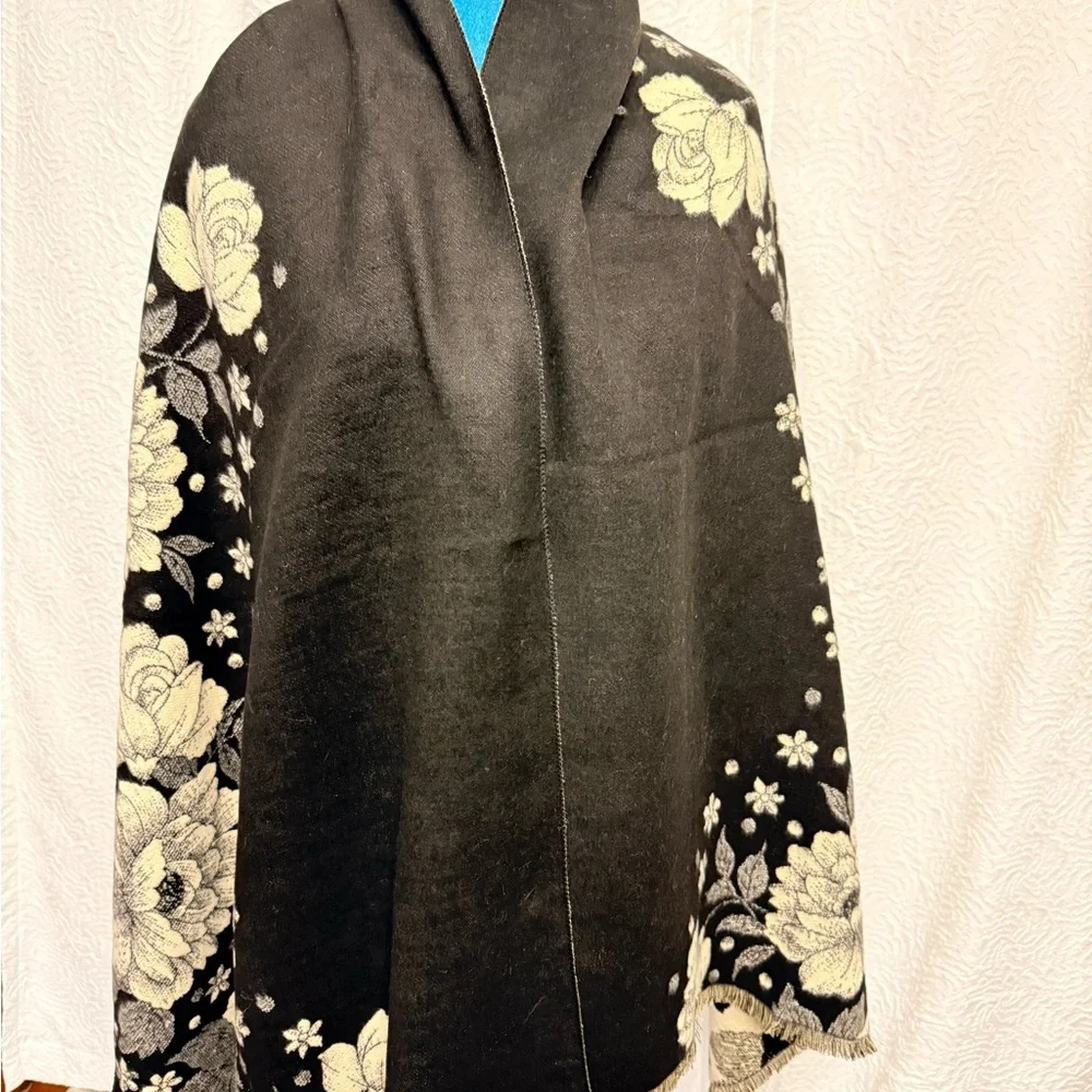 Large Floral Black and Cream Reversible Shawl,Scarf, Poncho.